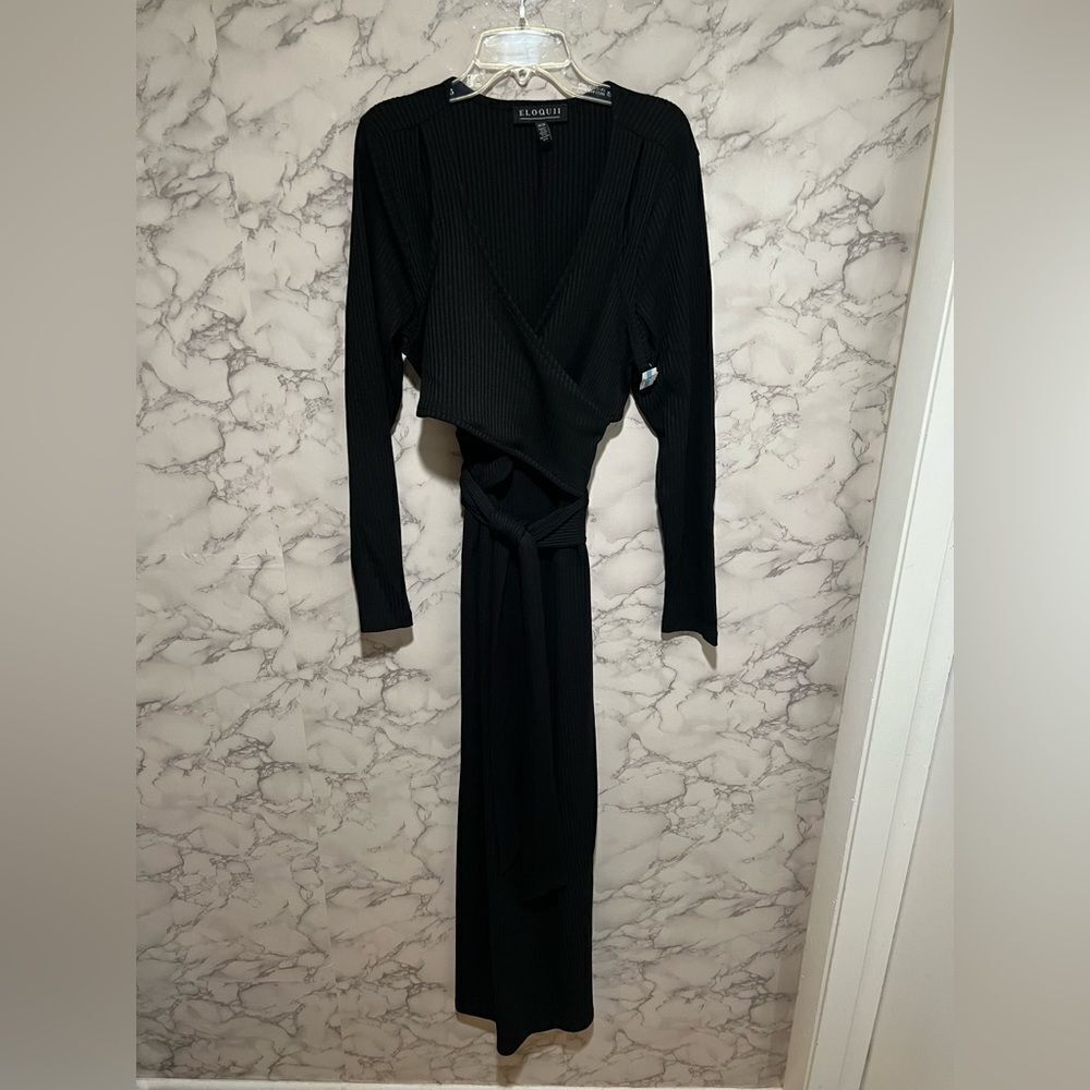 Eloquii Dress Womens Plus 14/16 Wrap Belted Long Sleeve Ribbed Cut-Outs